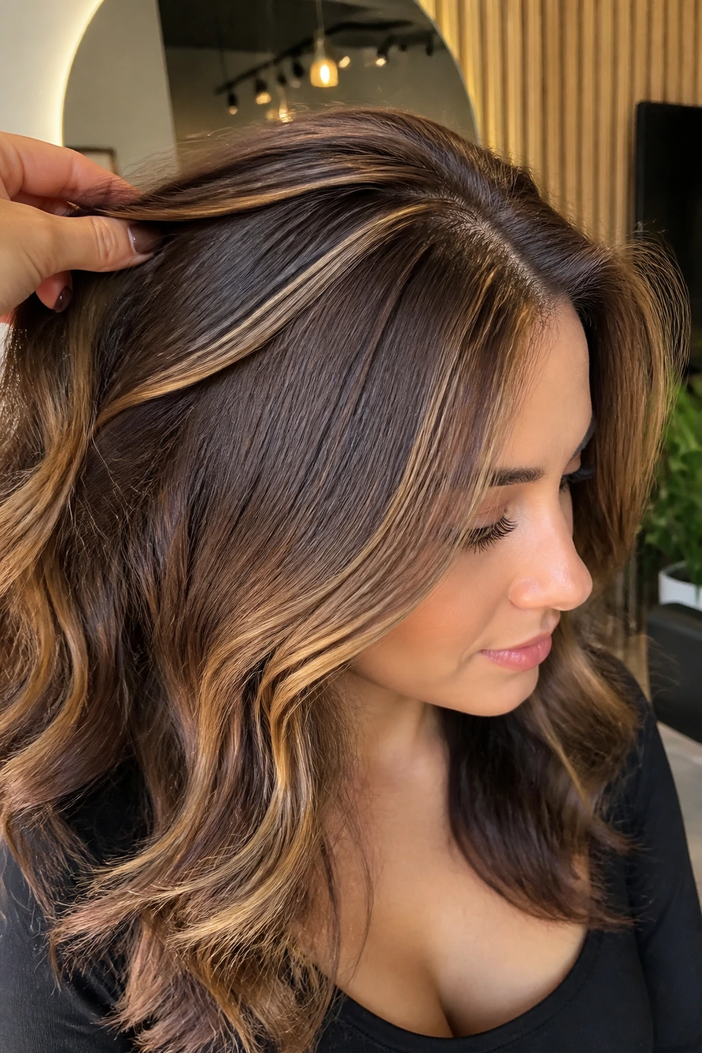 Close-up of a real woman with chestnut halo highlights around the crown
