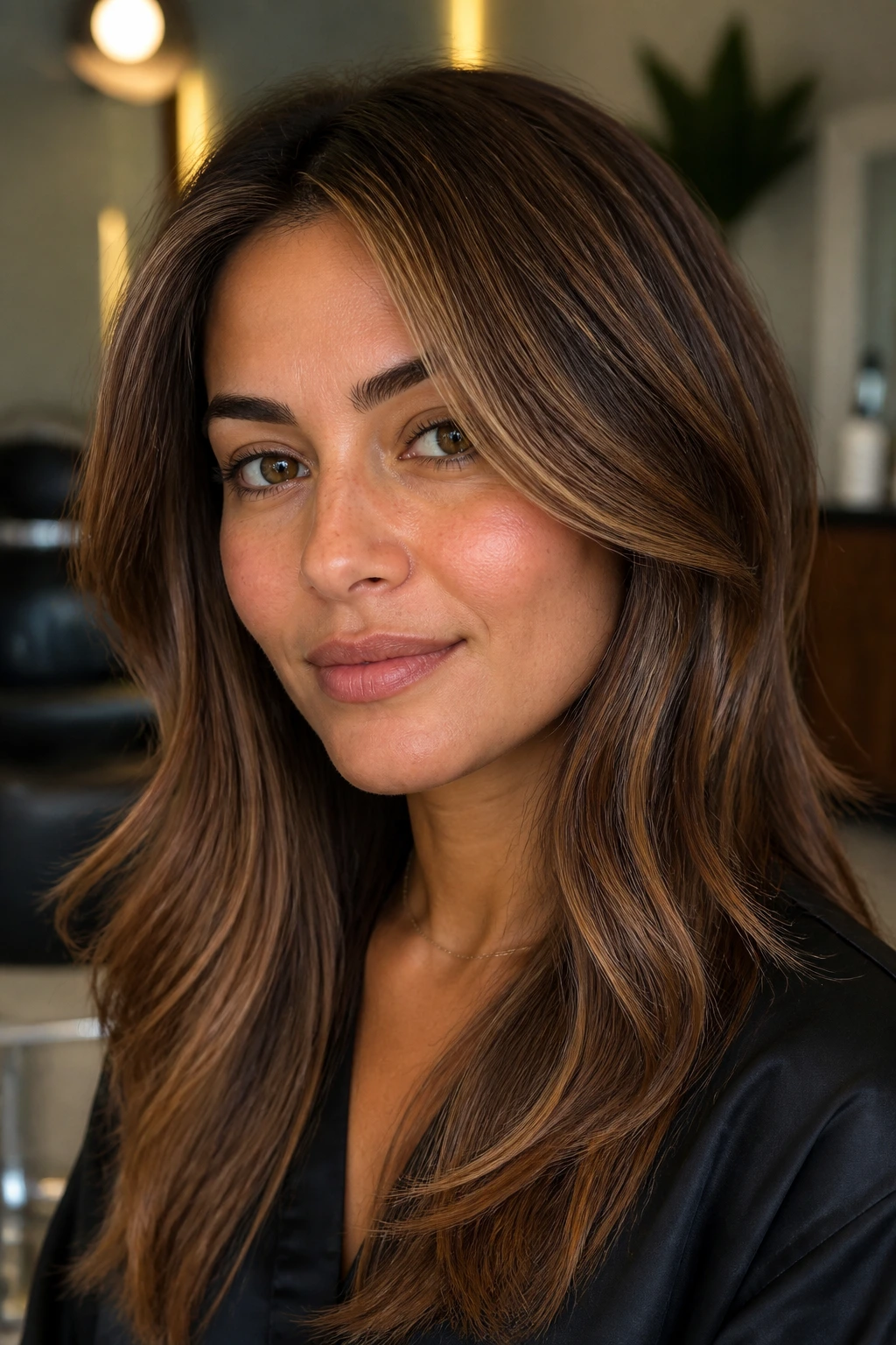 Close-up portrait of olive-skin woman with chestnut halo lights in hair