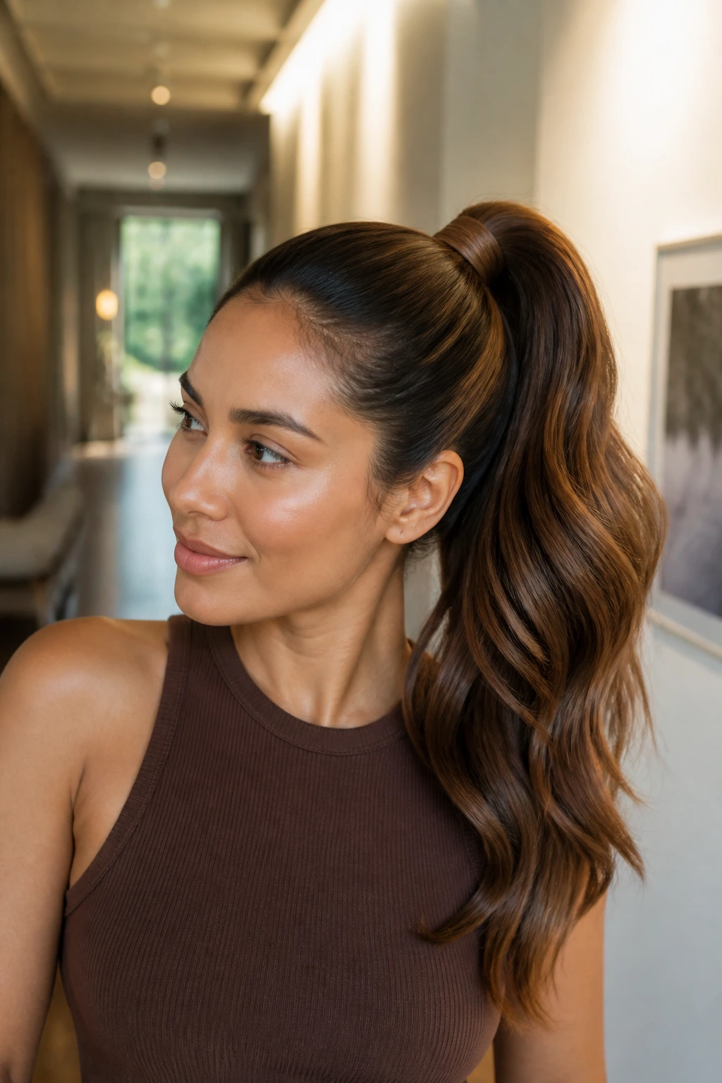 Real woman with a high chestnut ponytail featuring a wrapped base in a stylish interior