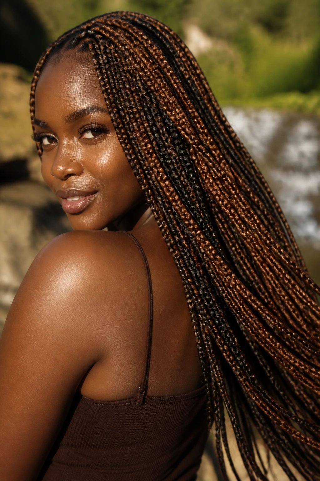 Braids with chestnut brown highlights close-up
