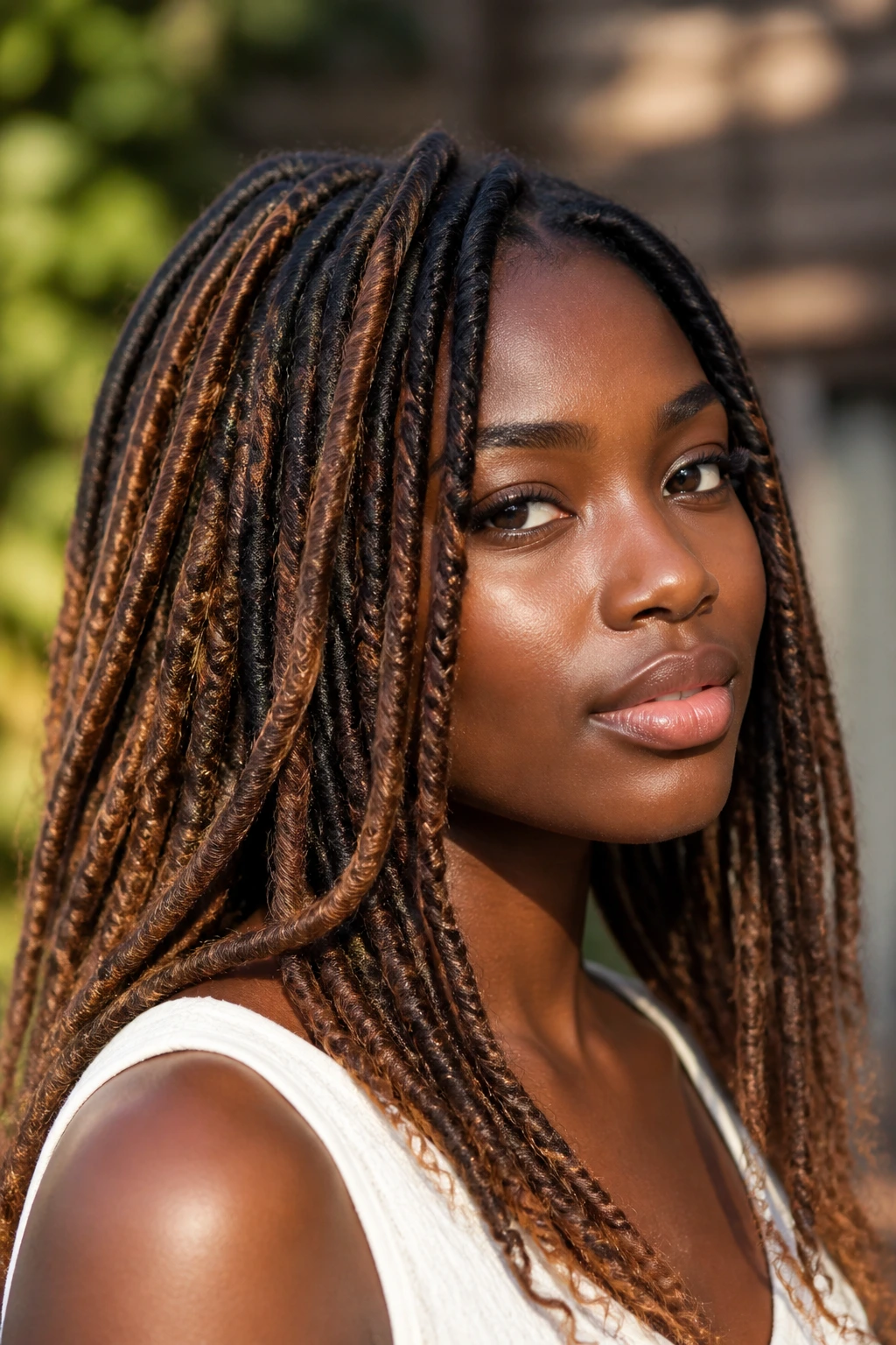 Close-up of locs and twists with chestnut highlights