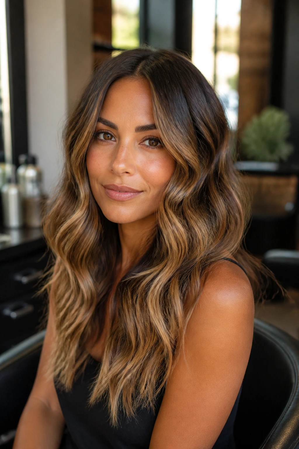 Close-up of a real person with chestnut base and honey balayage through mids and ends, curls around the face.