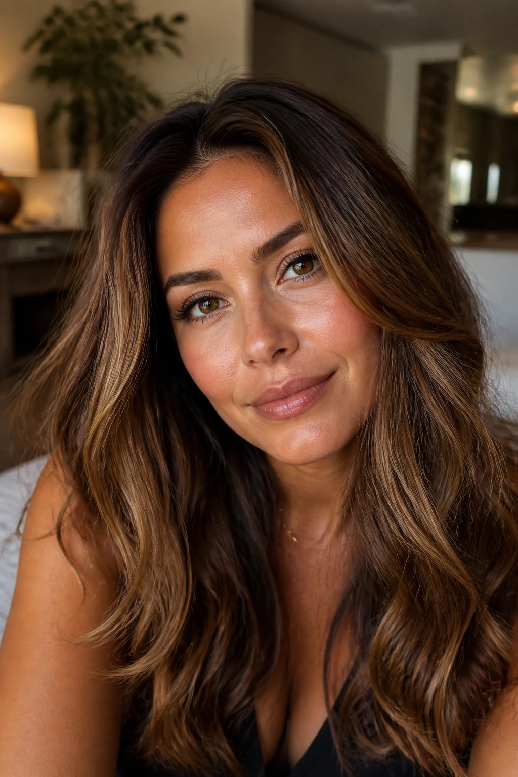 Close-up portrait of a woman with chestnut honey brunette highlights in warm light