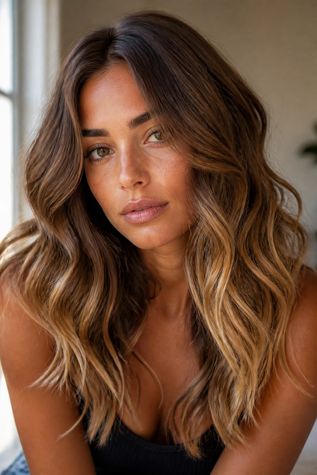 Close-up of a person with chestnut roots and honey cream ends in wavy hair