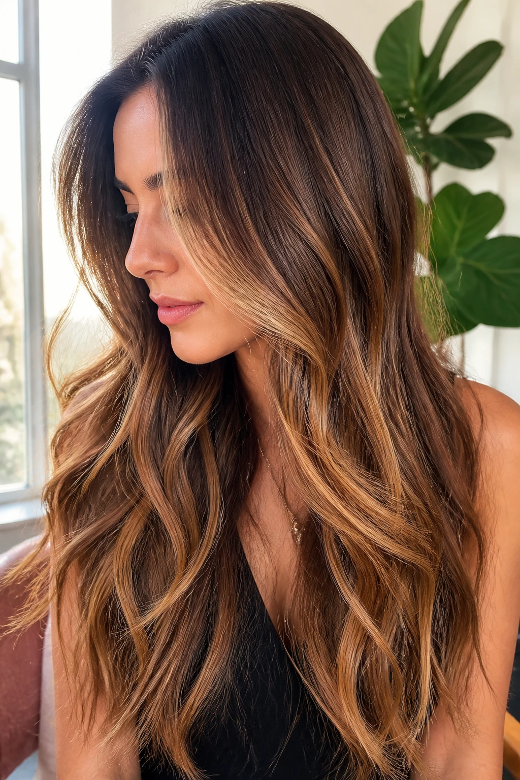 Brunette with long layered hair showing chestnut roots and honey mid-lengths
