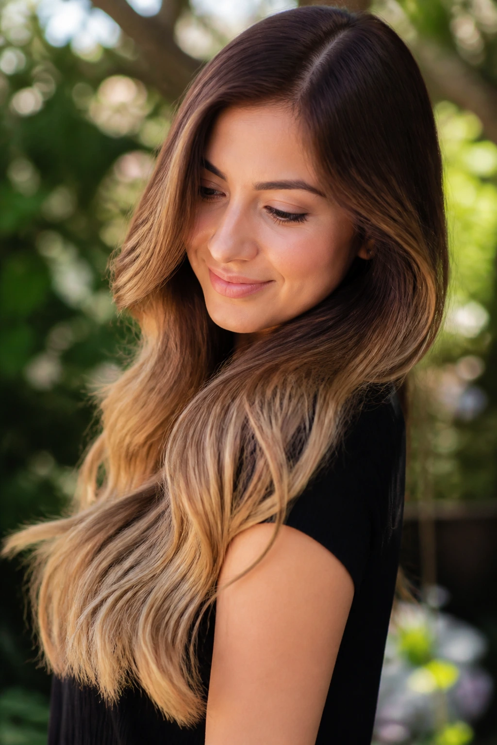 Portrait of a woman with chestnut to honey ombré hair