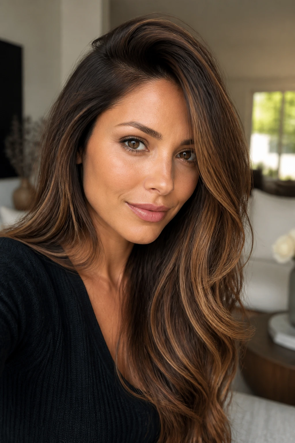 Close-up portrait of a real woman with Chestnut-to-Honey Side Part on olive skin