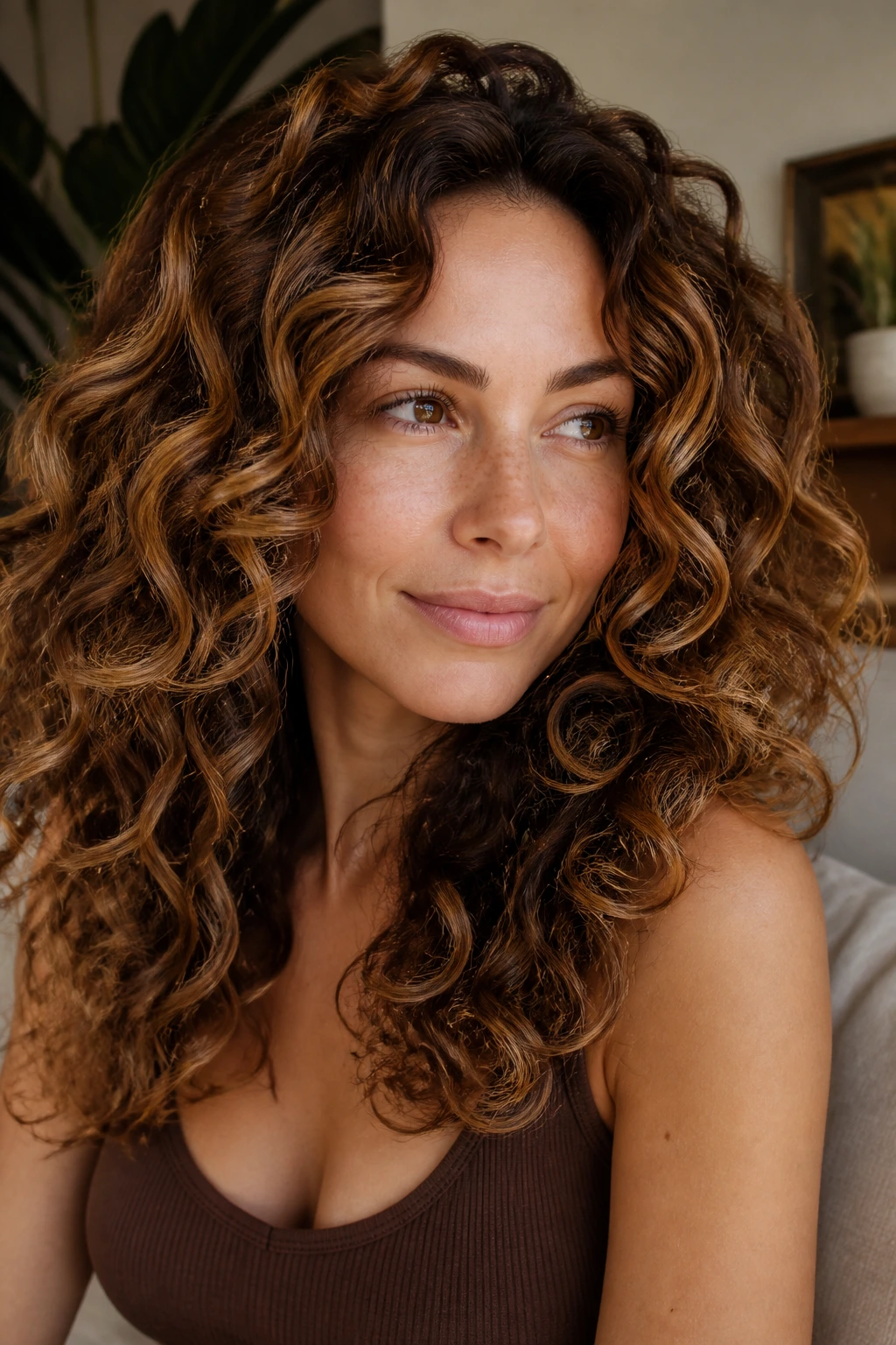 Close-up portrait of a real woman with chestnut honey swirl highlights in curls