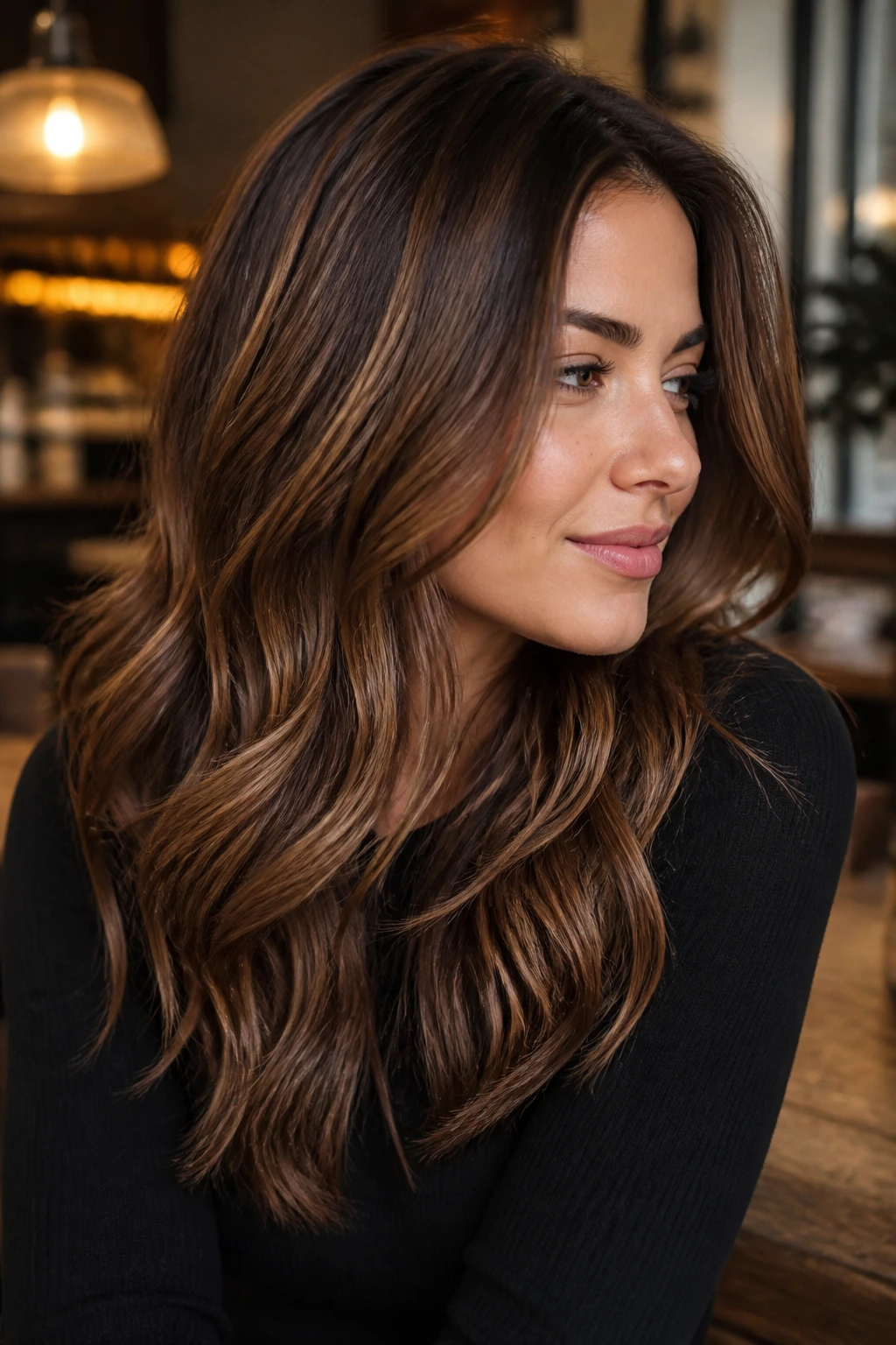 Close-up portrait of brunette with chestnut latte highlights and warm lowlights