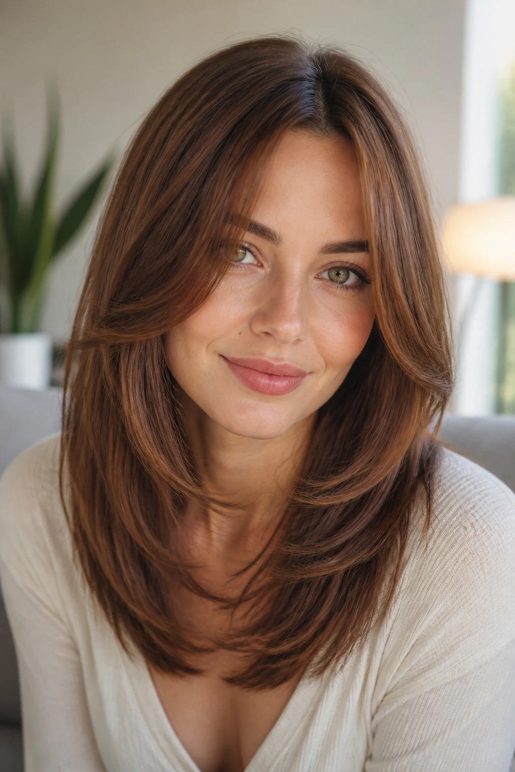 Close-up of round-face woman with chestnut layers around cheeks