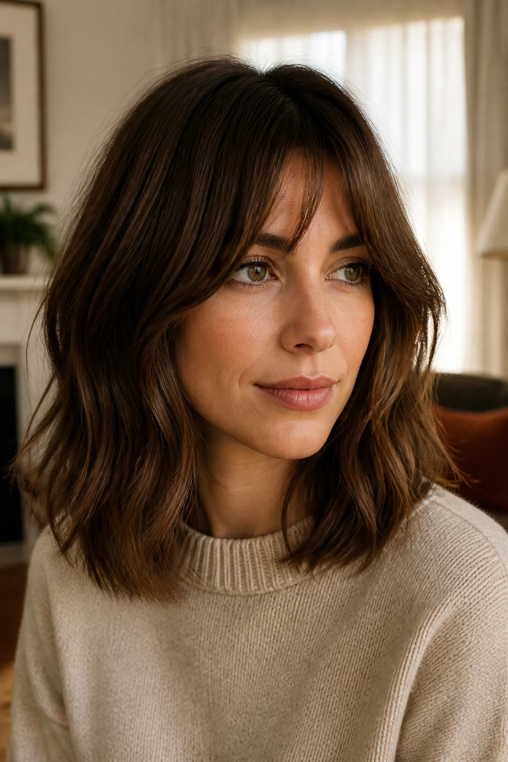 Portrait of a real person with chestnut lob and bottleneck bangs