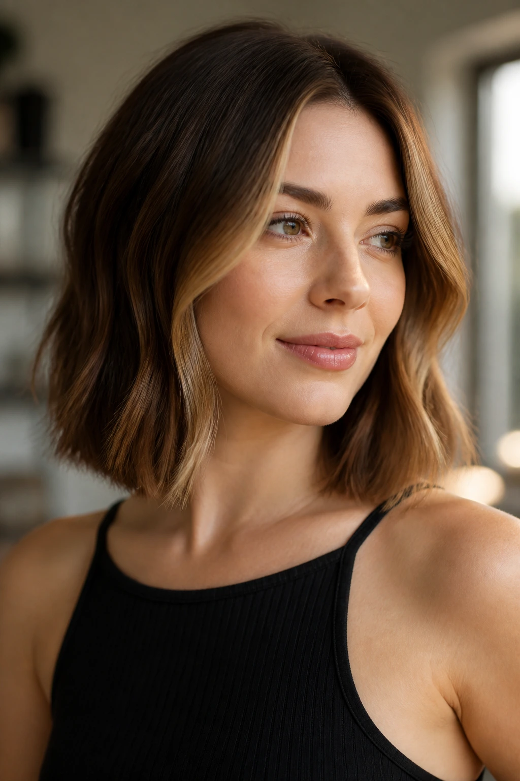 Chestnut lob hairstyle with caramel money piece framing the face
