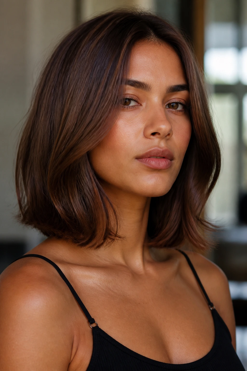Close-up portrait of chestnut lob with soft bend on collarbone-length hair