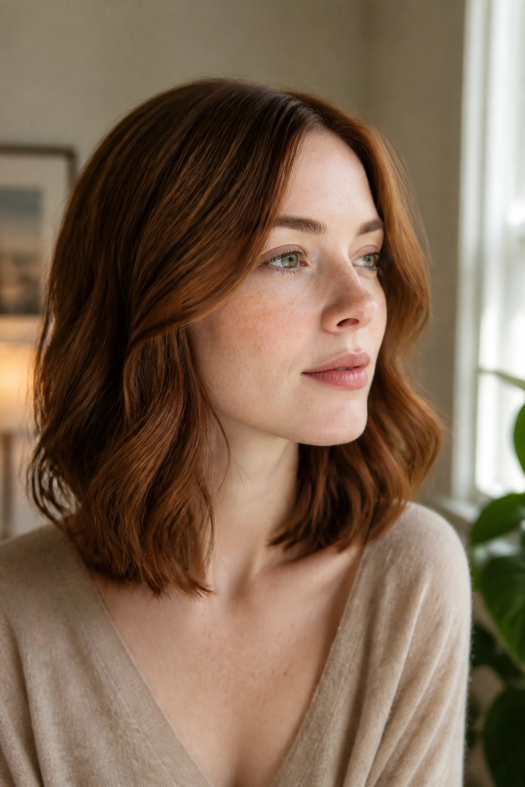 Close-up of chestnut lob with soft waves on a pale-skinned woman.