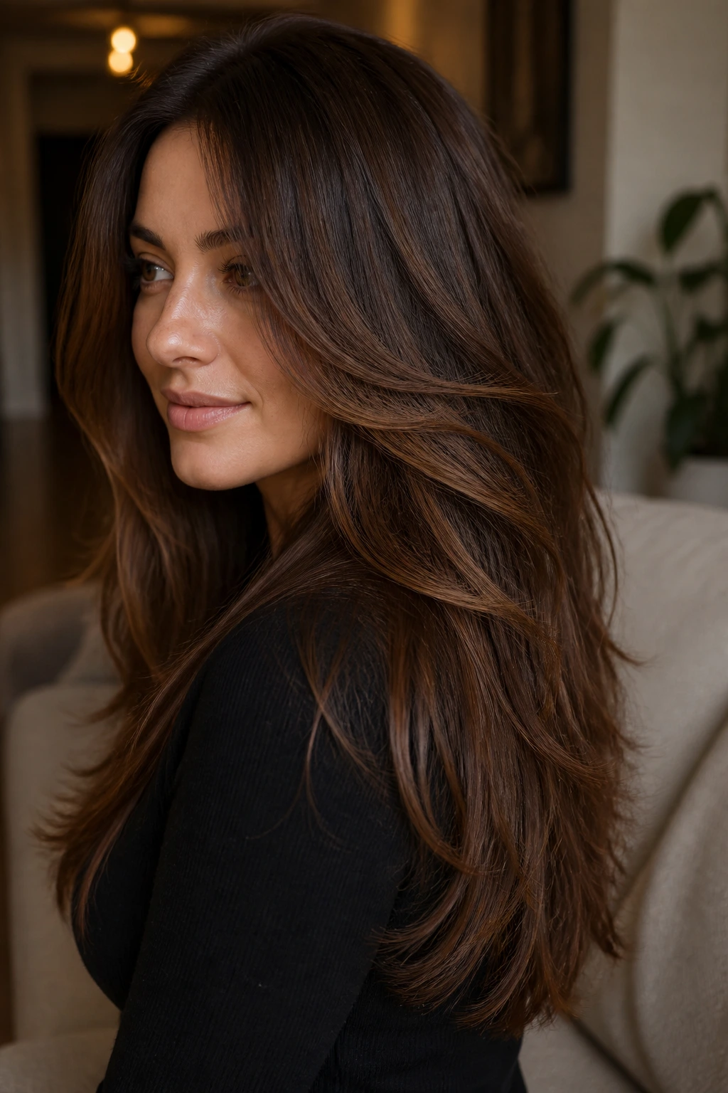 Close-up of layered brunette with chestnut lowlights weaving through interior layers.