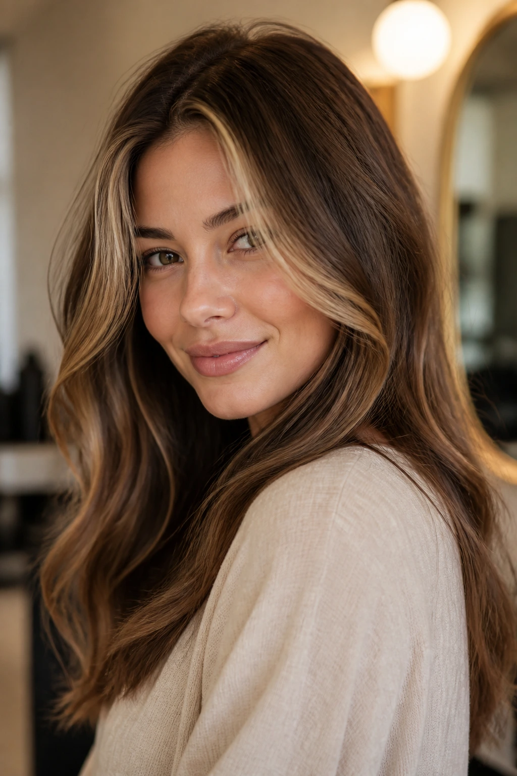 Close-up of chestnut melt with face-framing brightness around eyes