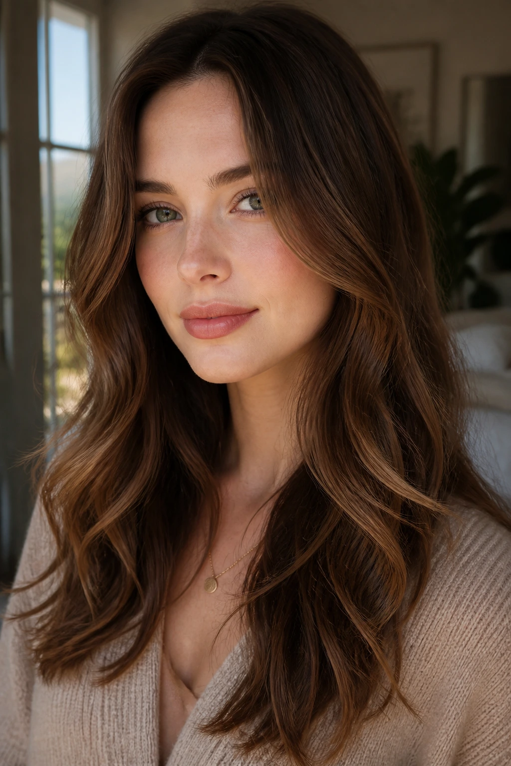 Close-up of chestnut melt with soft contrast on a real person's hair