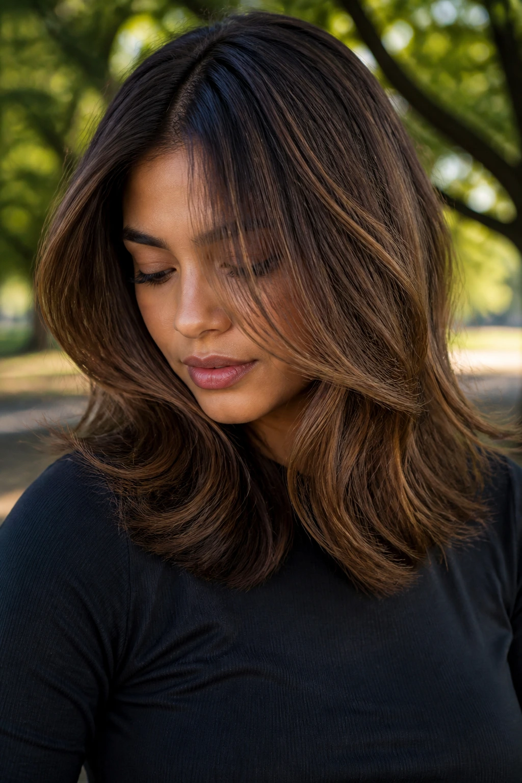 Close-up of real woman with chestnut micro-babylights weaving through layered hair in natural light