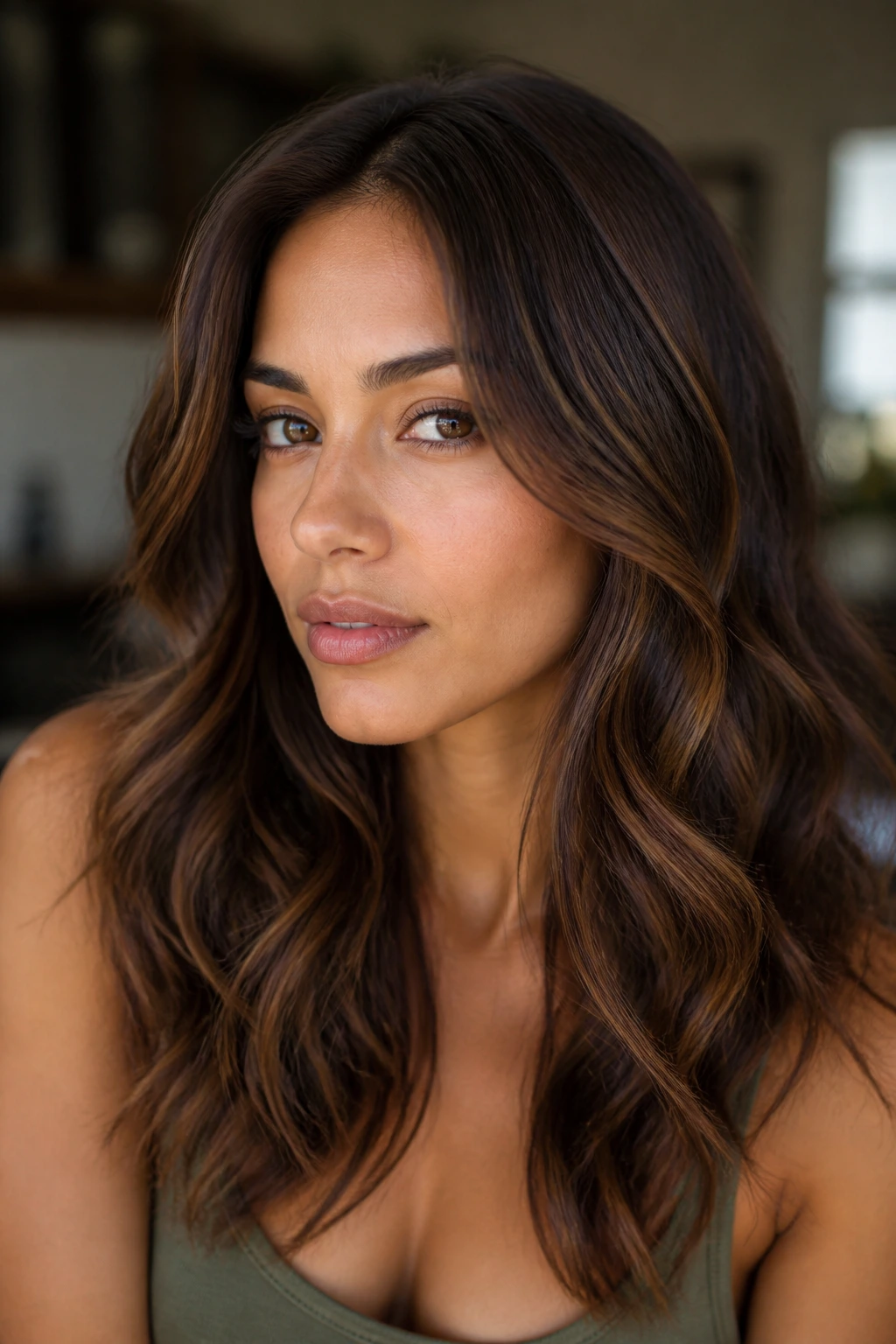 Portrait of a real woman with chestnut brown hair and micro-babylights