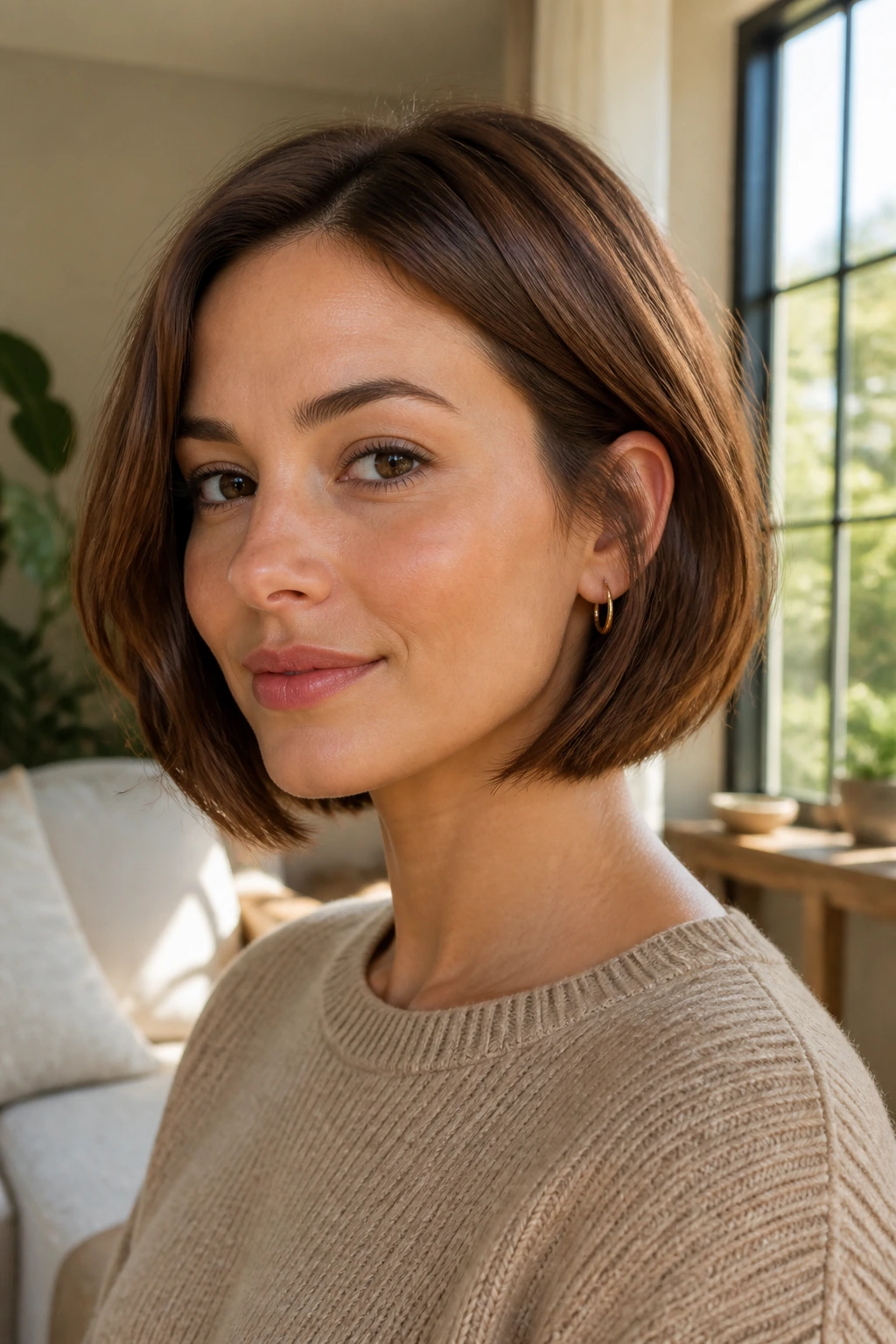 Close-up portrait of a real woman with chestnut micro lob hairstyle in warm window light