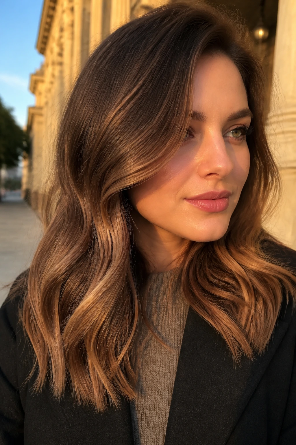 Real woman's hair showing chestnut to milk chocolate fade in golden hour light