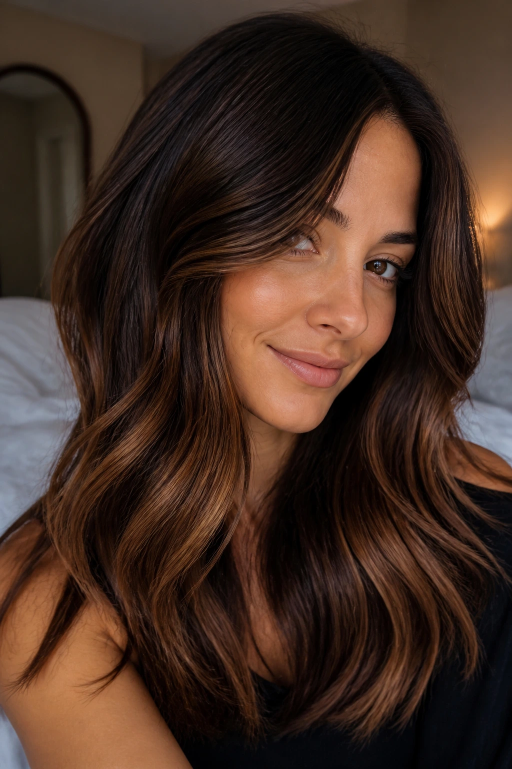 Close-up brunette with chestnut mocha lowlights showing depth and warmth