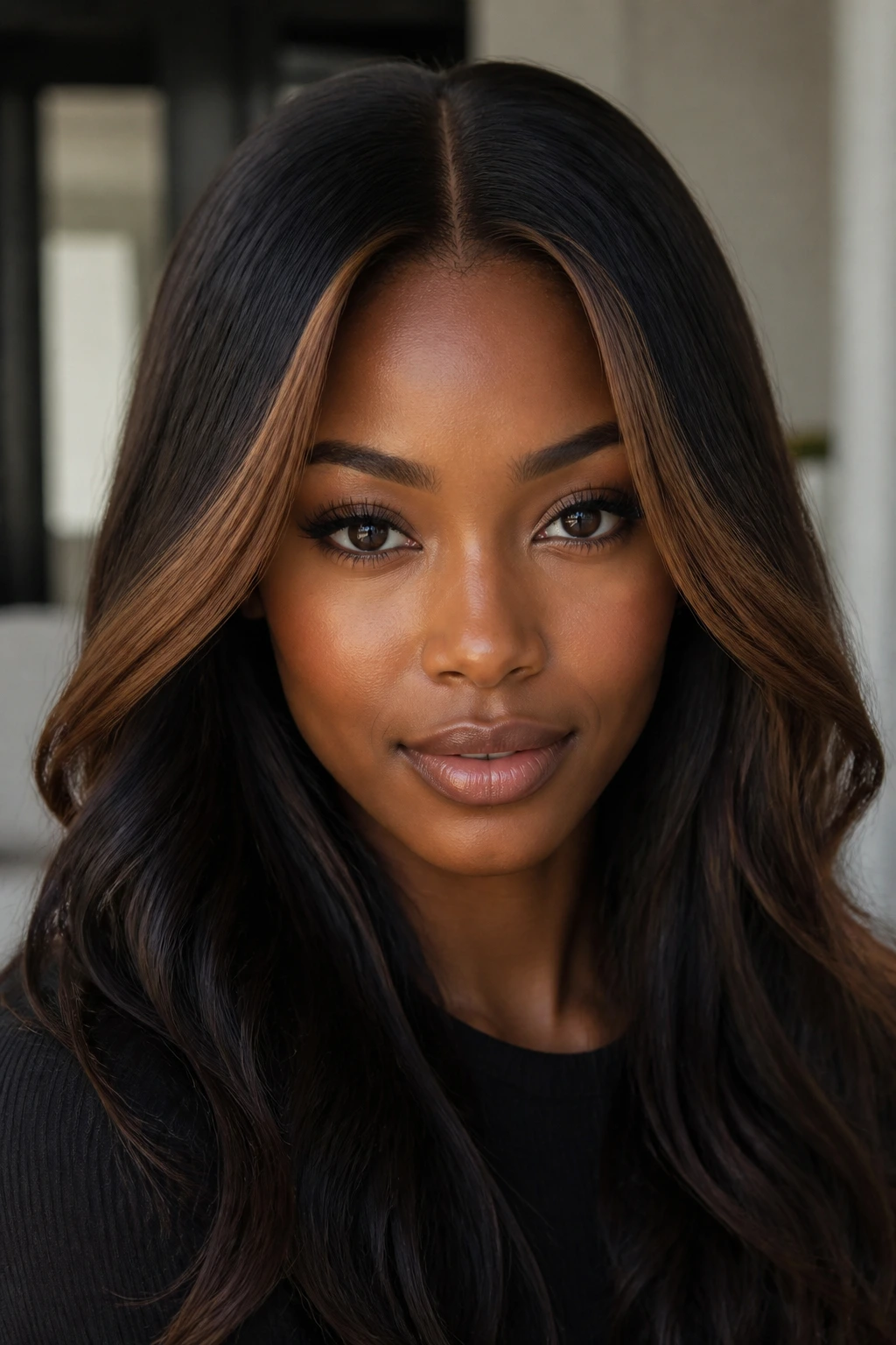 Chestnut money piece along the cheekbone on a sleek hair style.