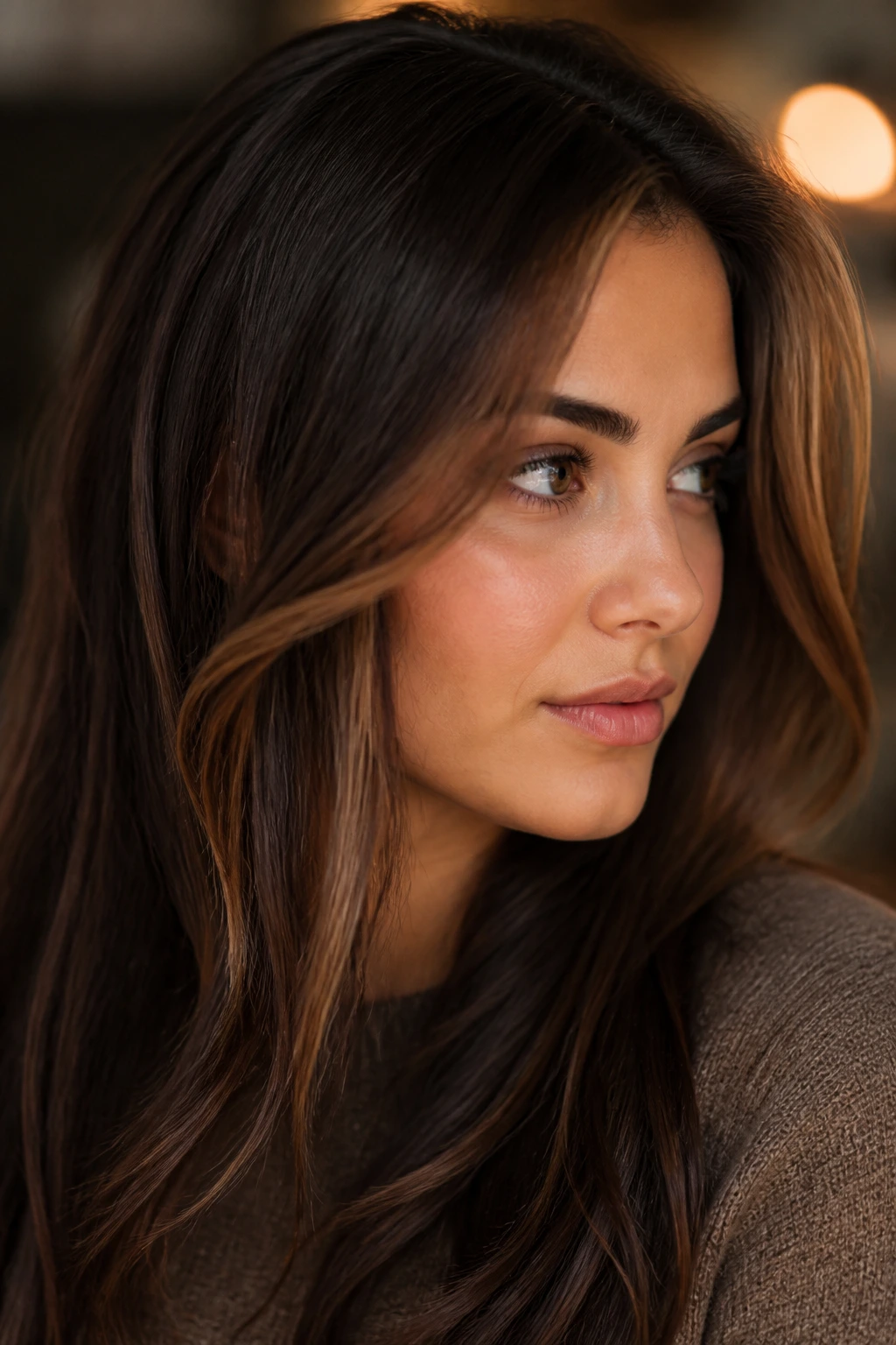 Portrait showing chestnut money piece framing the face on dark brunette hair