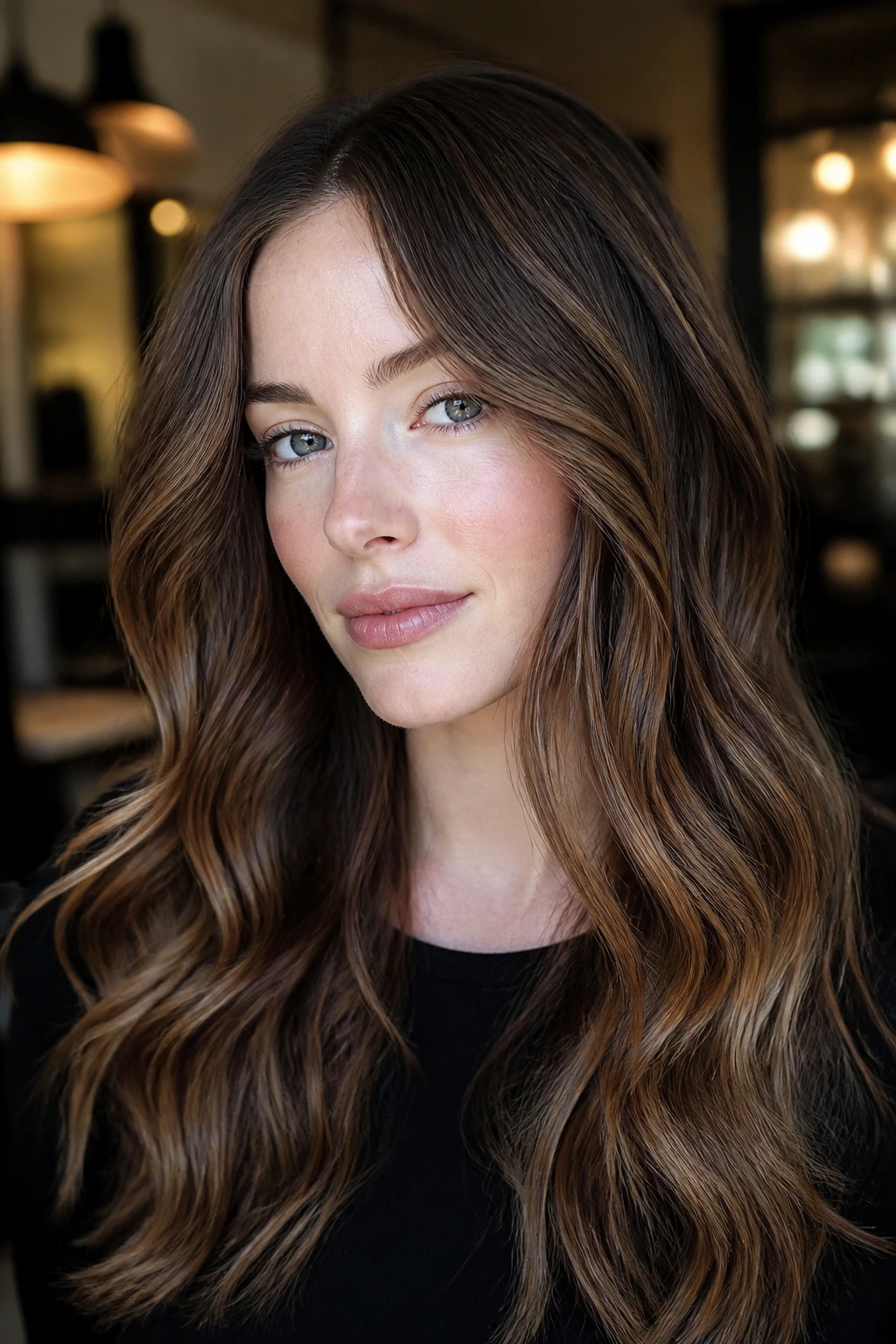 Close-up of a real person with chestnut and mushroom melt hair color