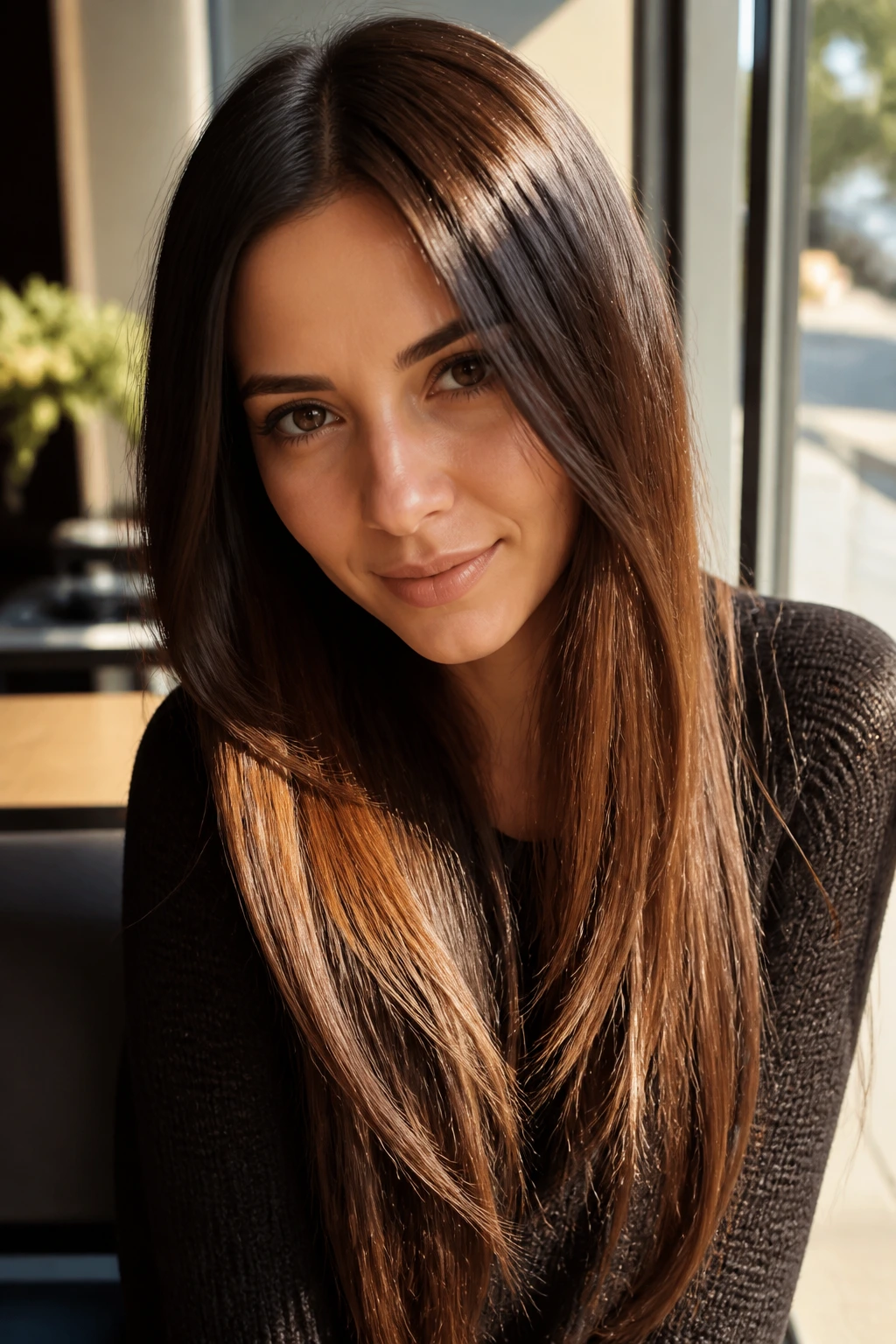 Close-up of real woman with chestnut ombre showing dark roots fading to chestnut ends