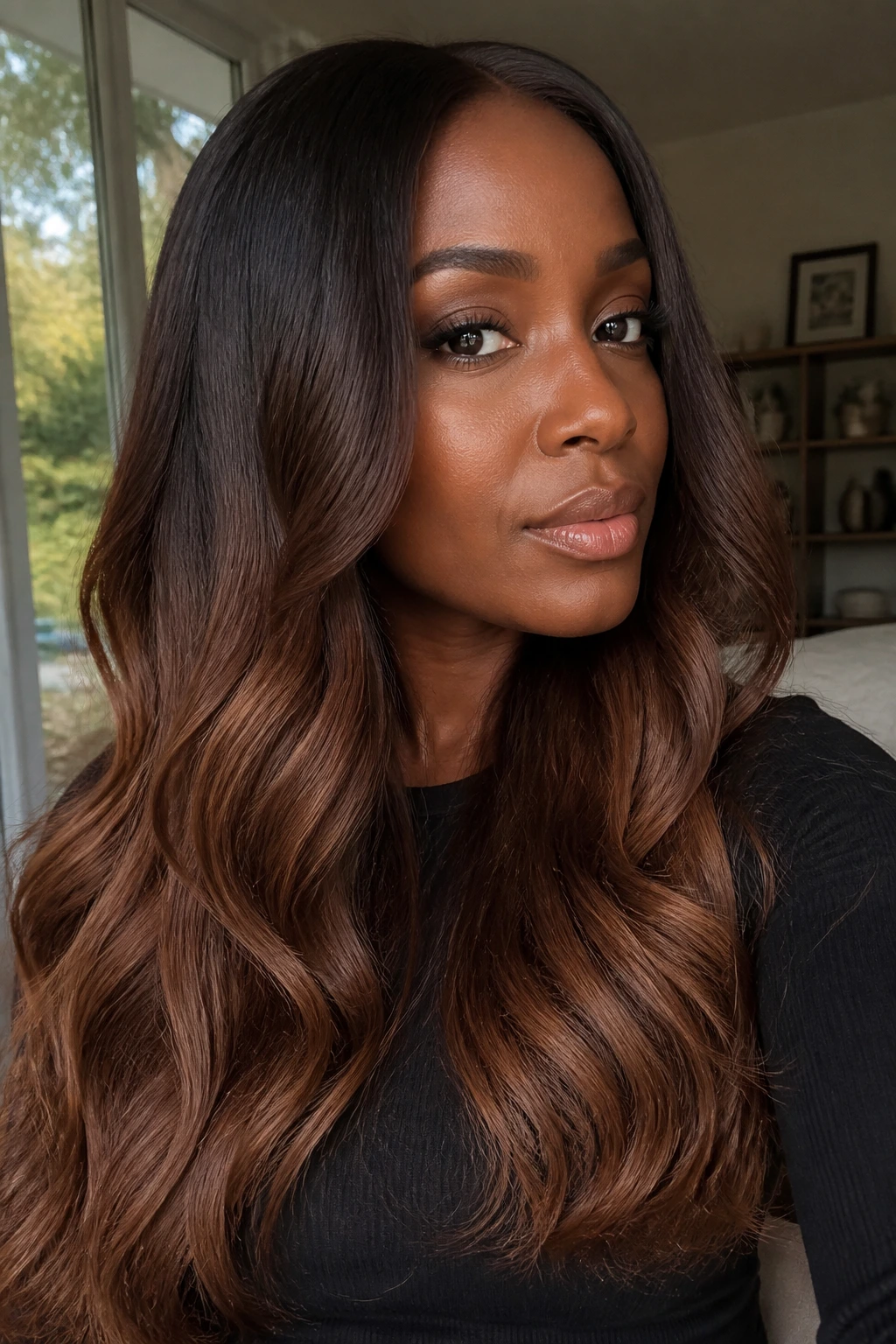 Long hair with chestnut ombré from roots to ends on a real person