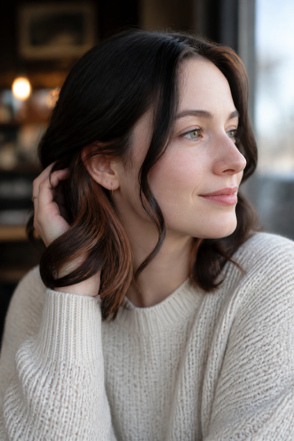 Portrait of a woman with deep chestnut peekaboo streaks as hair moves.
