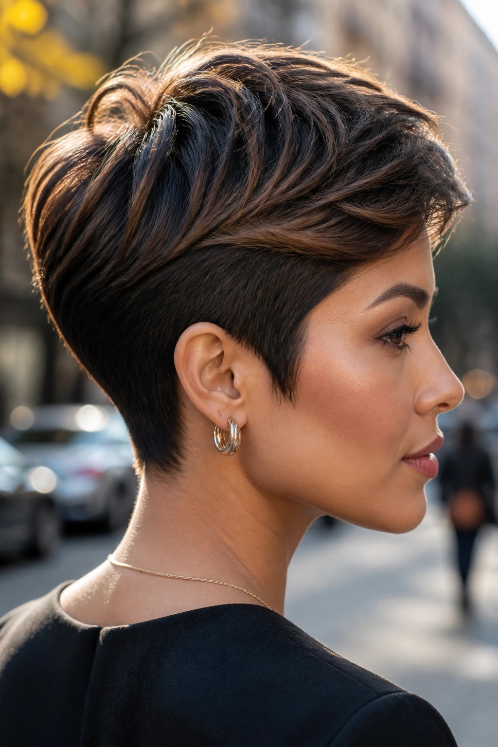 Close-up of Chestnut Pixie with Tapered Nape showing chestnut accents on top layers