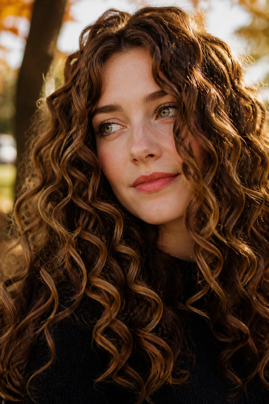 Close-up of a real woman with chestnut base and caramel ribbons in curls