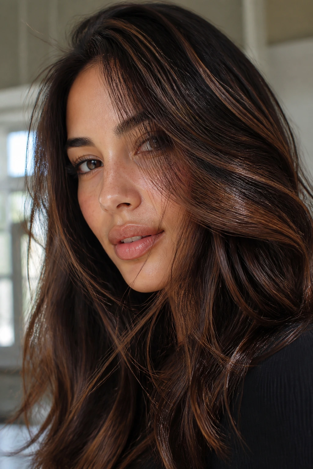 Close-up of chestnut ribbon highlights in hair