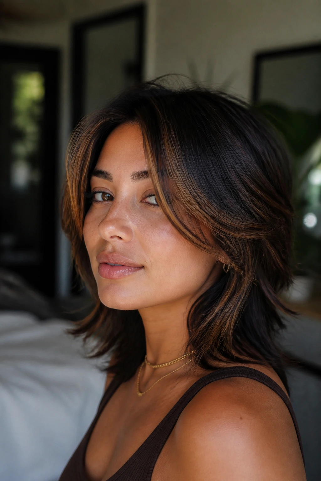 Close-up of a real woman with chestnut ribbons on a center-parted mullet