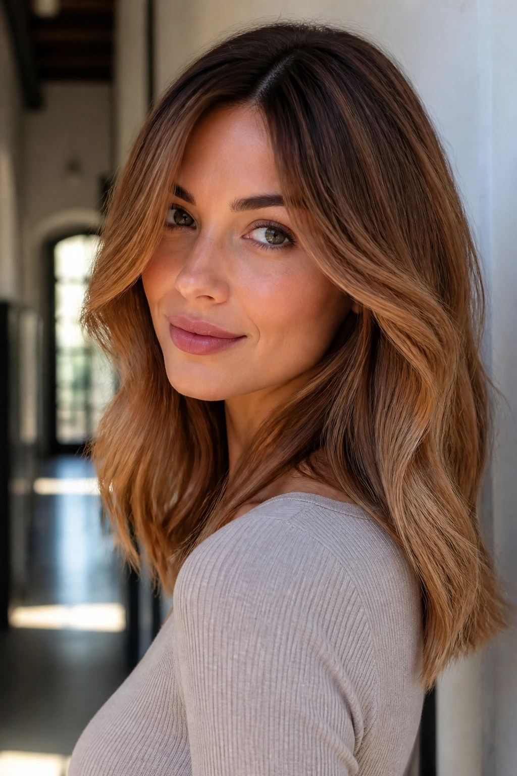 Portrait of a woman with chestnut-root auburn blonde hair and dark roots