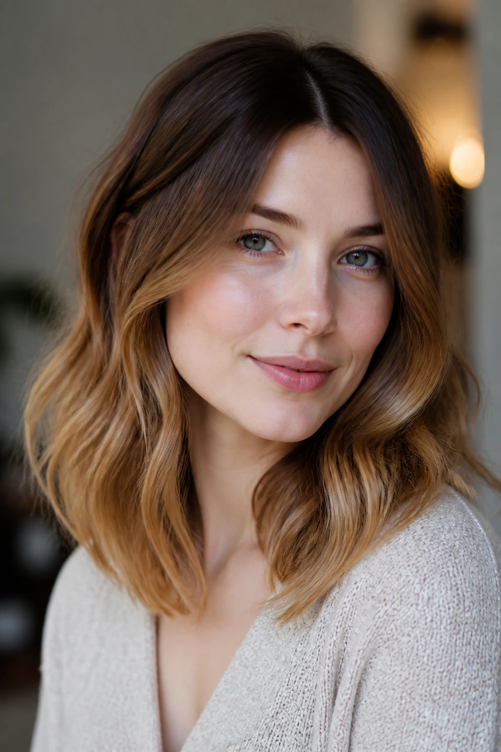 Portrait of a pale-skinned heart-shaped-face woman with chestnut-root honey midlength balayage.