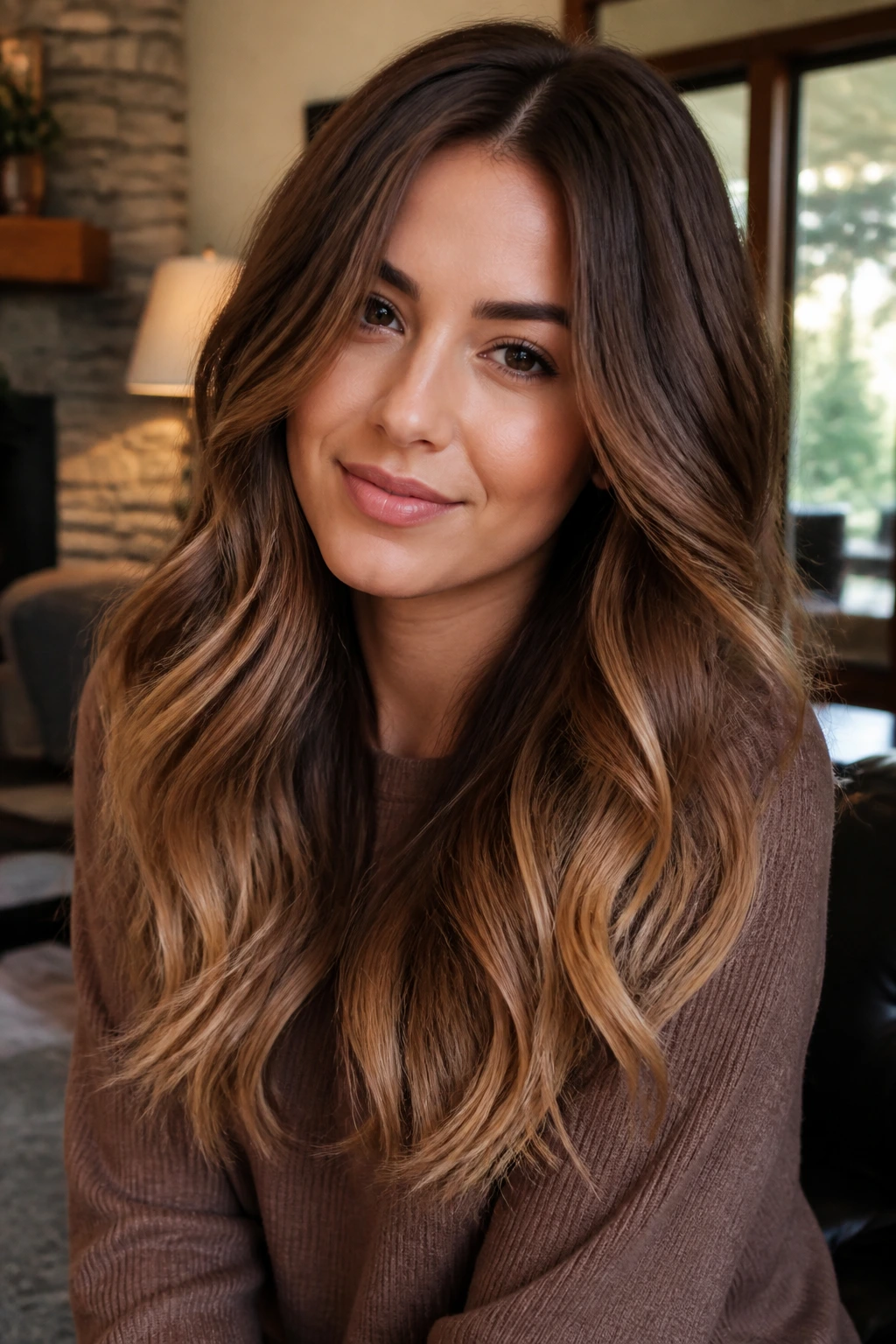 Close-up portrait of a real woman with chestnut roots and buttery ends in long brunette hair