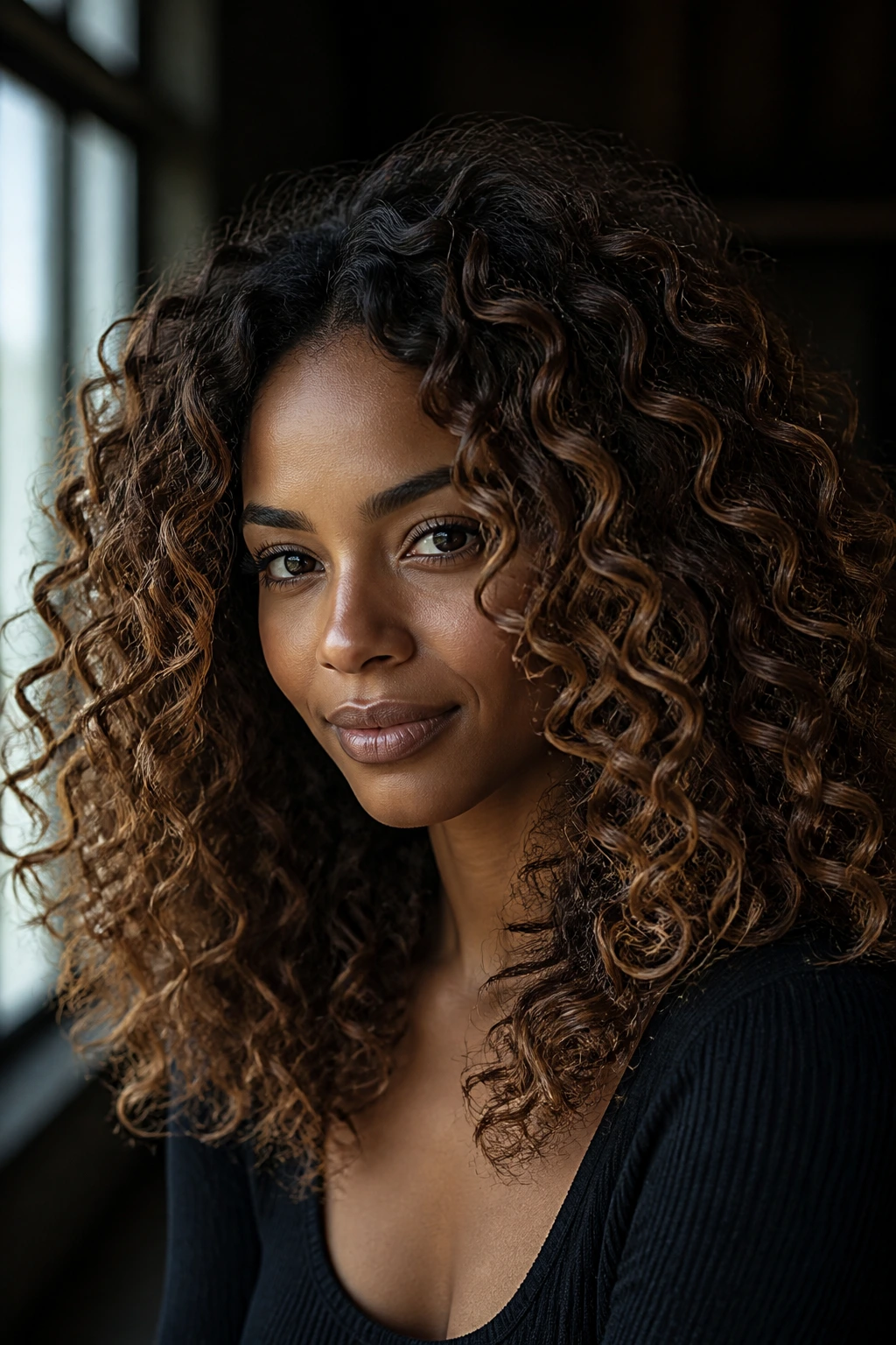 Close-up of a real person with chestnut root-shadow blend on curls