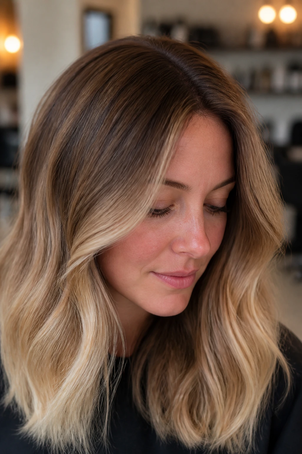 Brunette with chestnut roots and soft blonde ends close-up