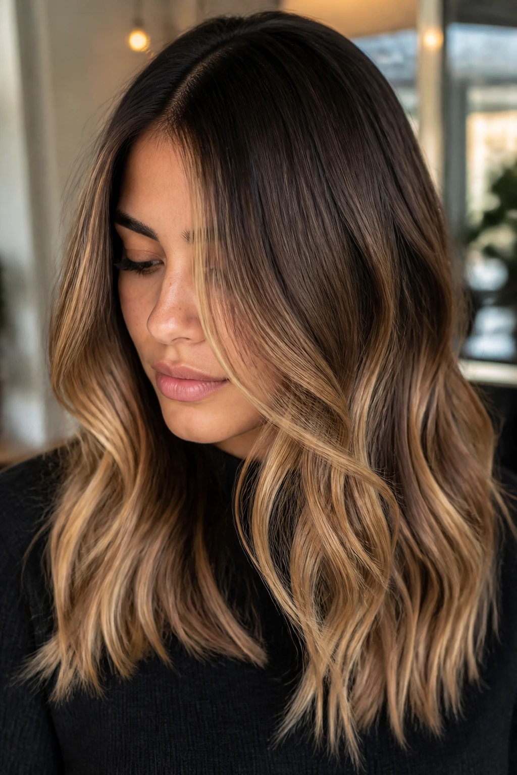 Chestnut roots with honey balayage on brunette hair
