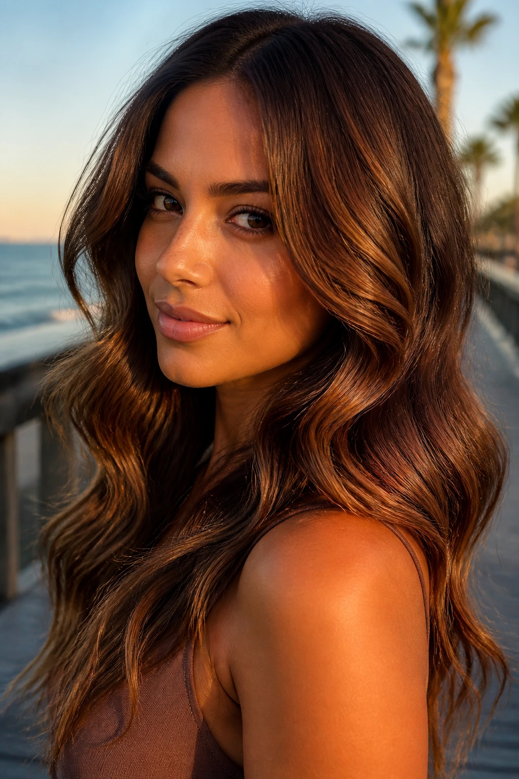 Portrait of a real woman with chestnut S-bend waves in golden hour light