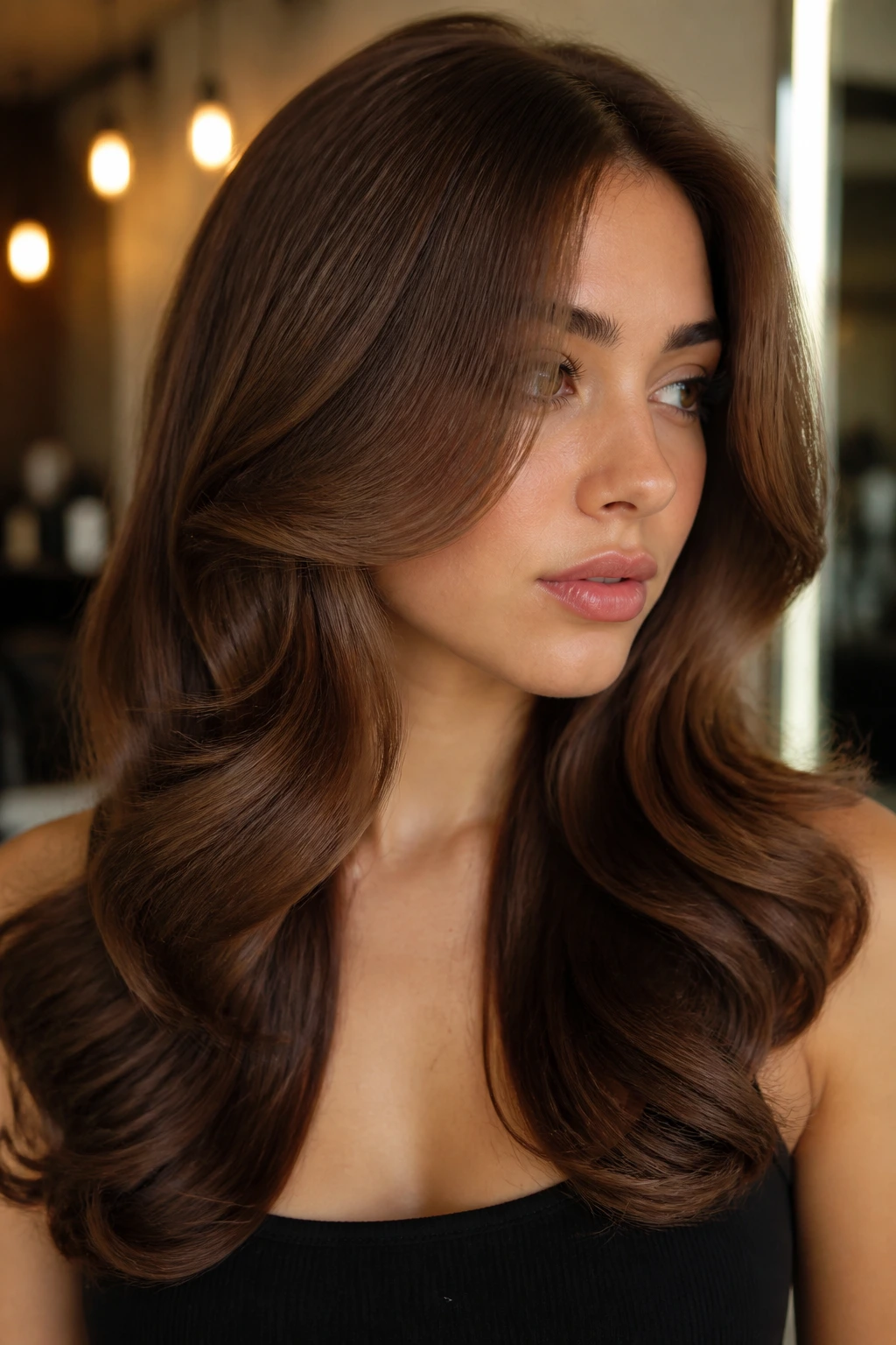 Chestnut brown hair with S-curl blowout and face-framing front pieces