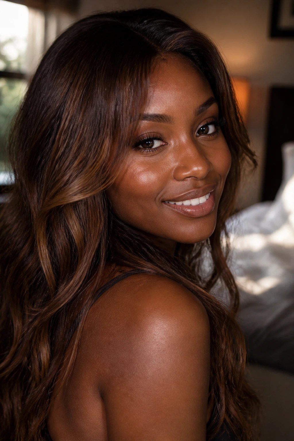 Close-up portrait of a woman with chestnut shades on deep skin, warm glow