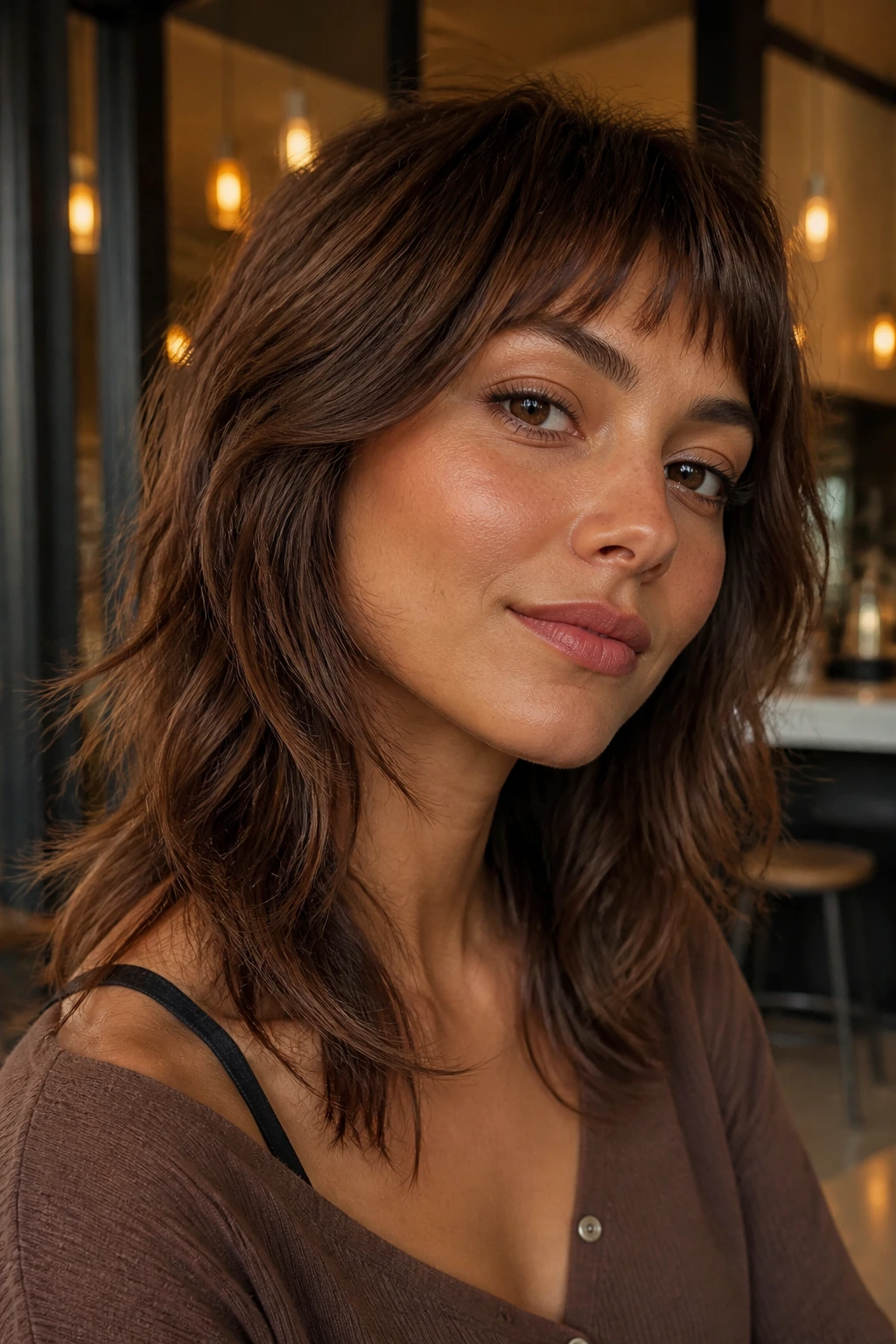 Close-up of a real woman with chestnut shag and micro bangs