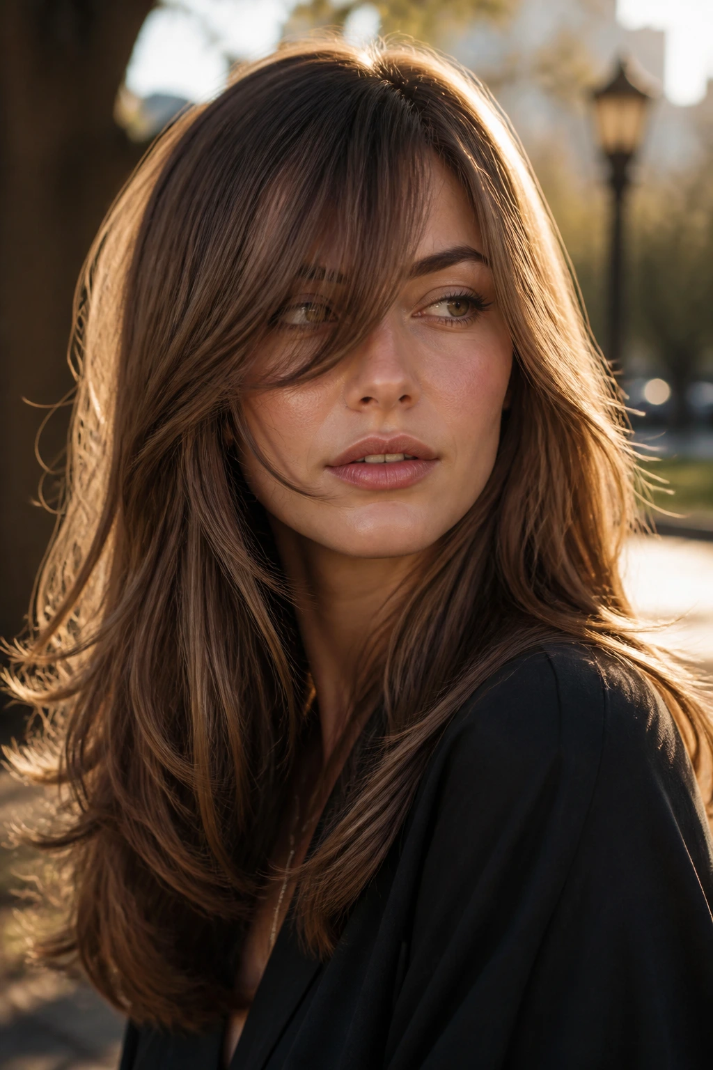 Portrait of a woman with chestnut smoke balayage and side-bent bangs