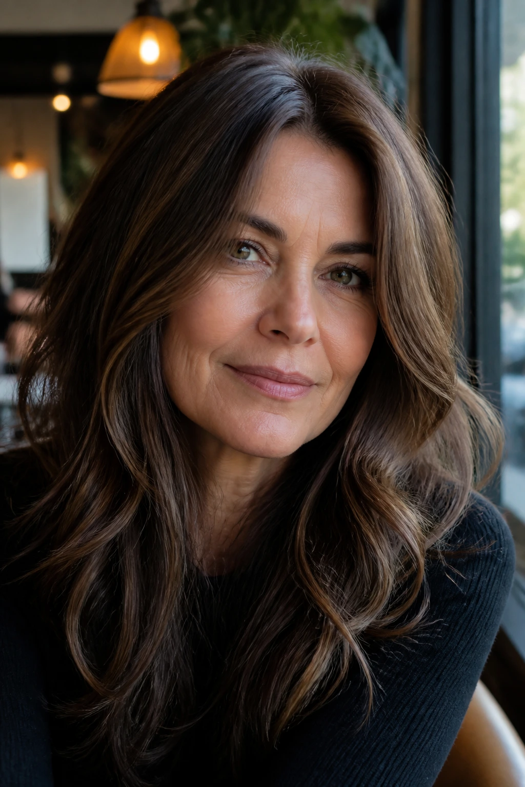 Close-up of a real woman with chestnut smoke hair and smoky cool overlay.