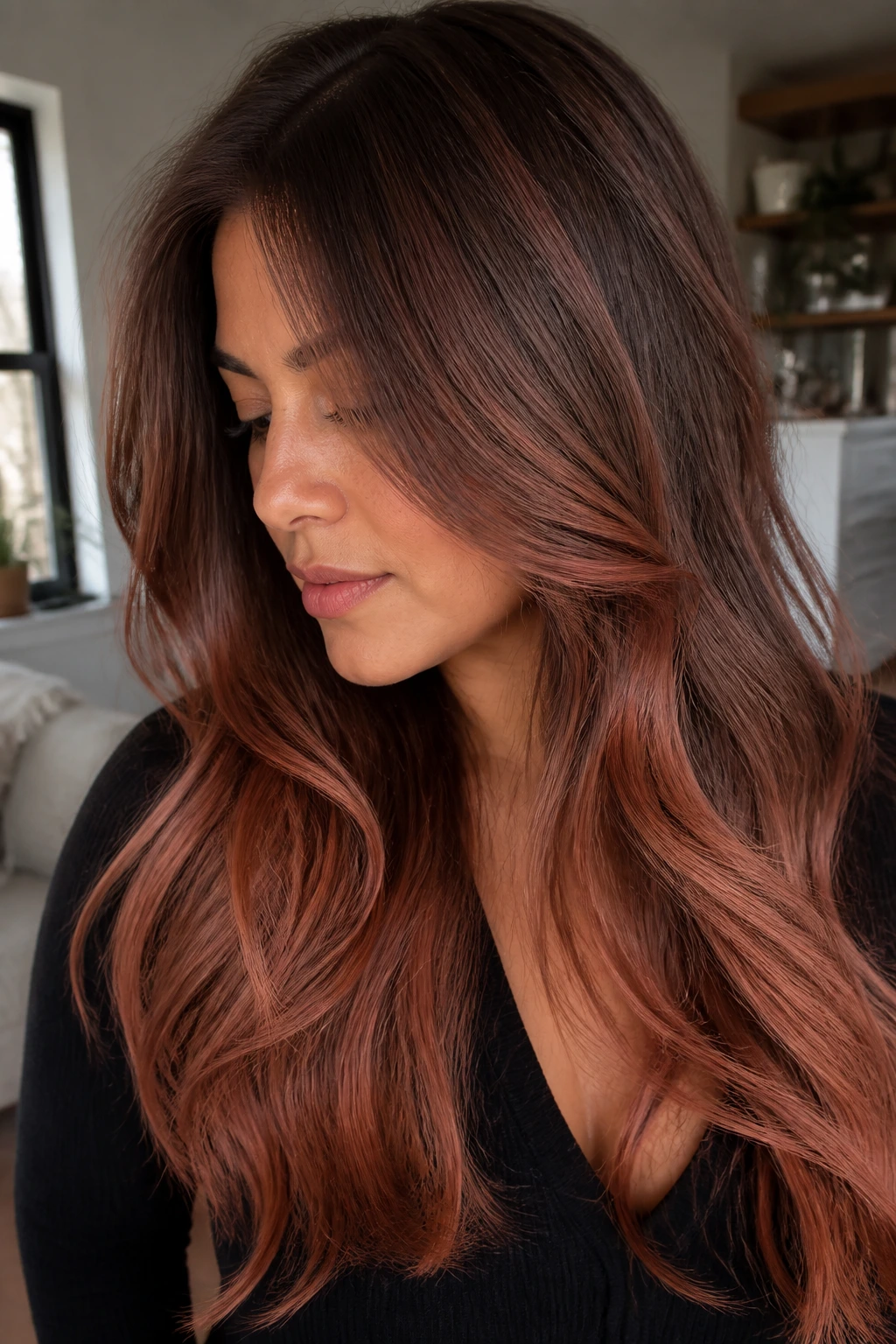 Portrait of a real woman with chestnut strawberry blend hair