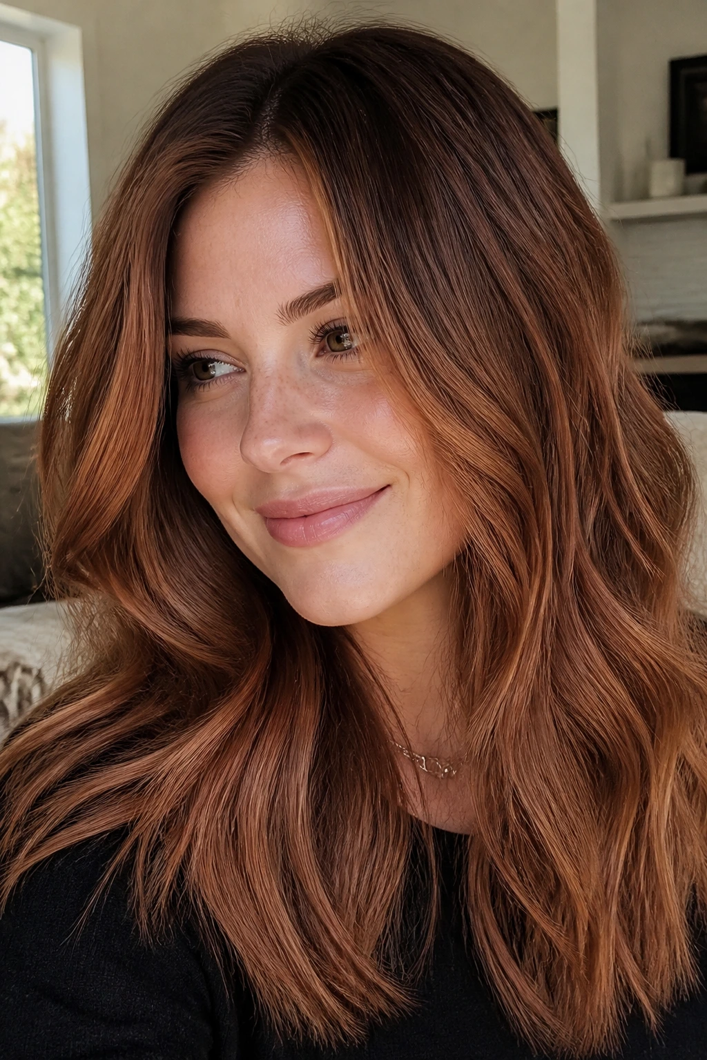 Close-up of real woman with chestnut strawberry melt hair color showing root melt and strawberry mid-lengths